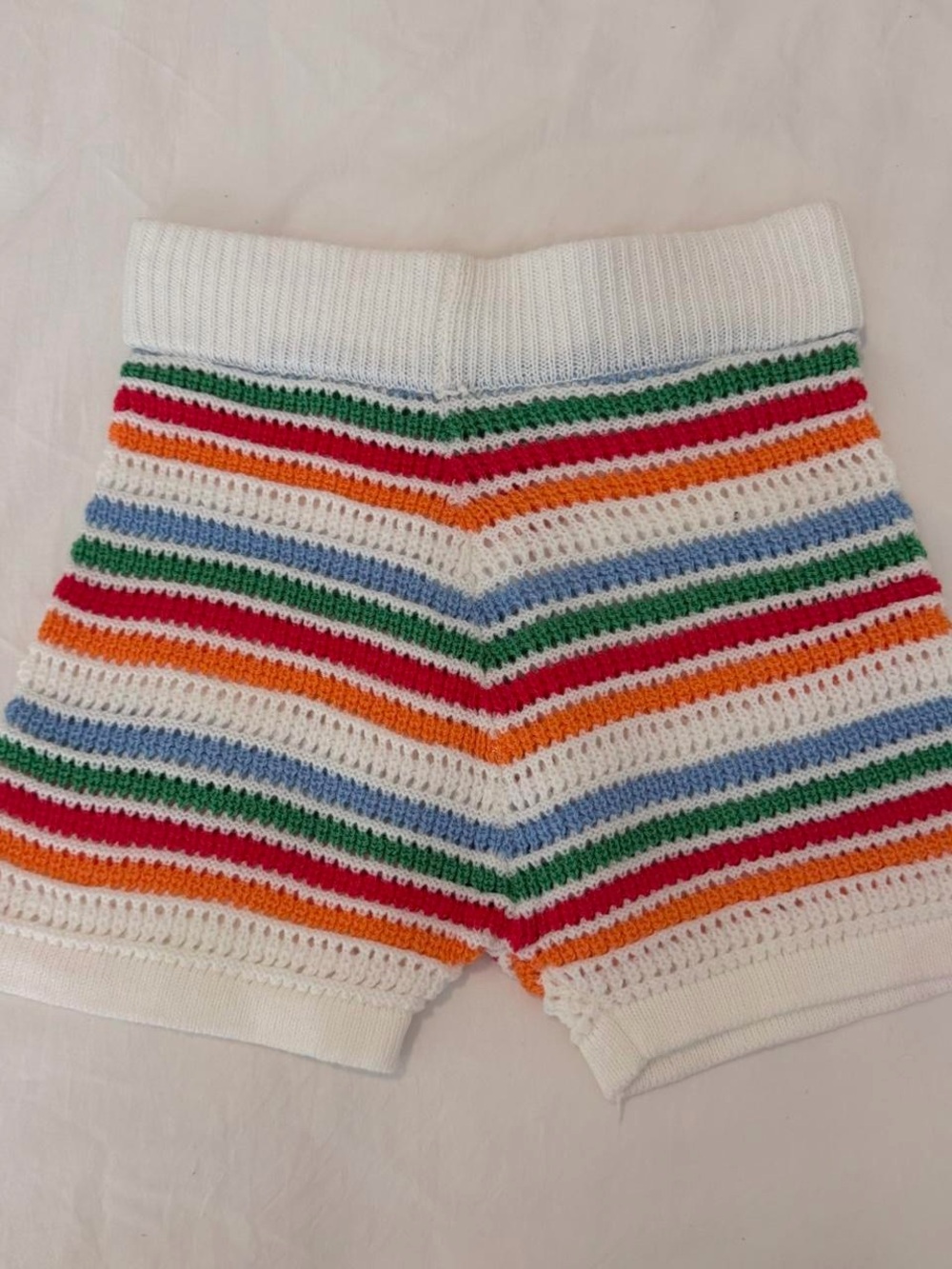 white and colorful striped crochet / knit shorts